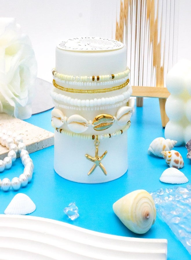nylry Shell Summer Beach Bracelets for Women Seashell Bracelets Boho Layered Beaded Bracelets Set Starfish Bracelet Handmade Stretch Bracelet Summer Beach Jewelry Accessories Gifts-Beige - Image 4